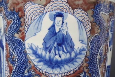 A rare Chinese blue, white and underglaze red rouleau vase, Kangxi